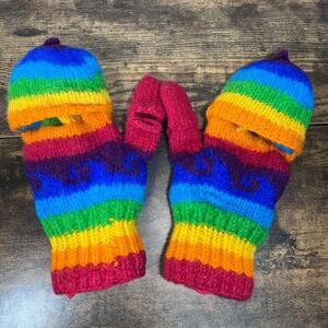Kyber 100% Wool Fingerless Pop Top Mittens Fleece lined Adult Size RAINBOW